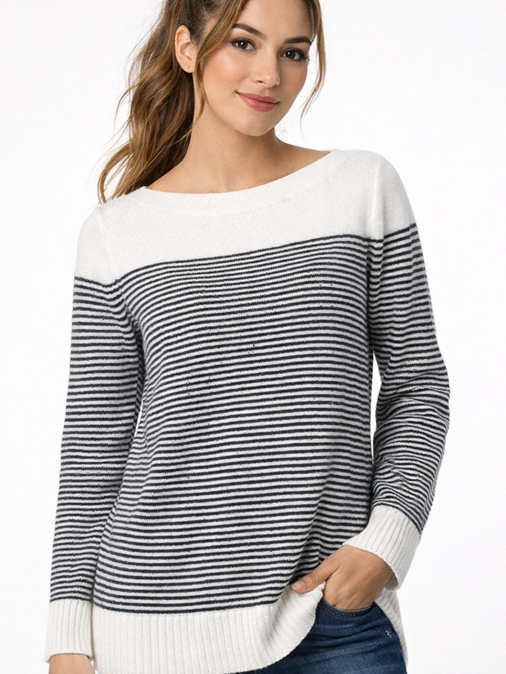 LOFT Black White Striped Tunic Sweater Medium Nautical Preppy Long Sleeve Knit